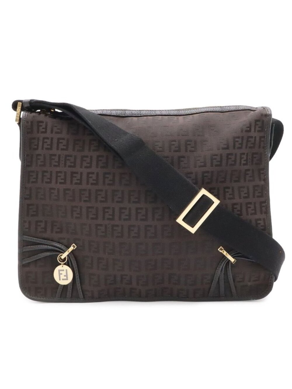 Fendi Zucchino Shoulder Bag Crossbody Canvas Leather Dark Brown Black Gold